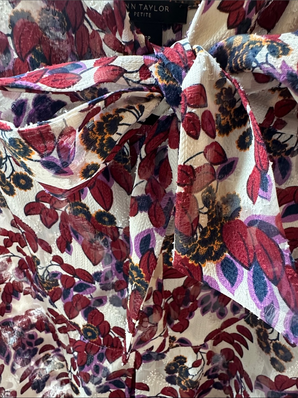 Ann Taylor Cream Blouse with Maroon and Purple Leaf Print and Neck Tie - Picture 12 of 13